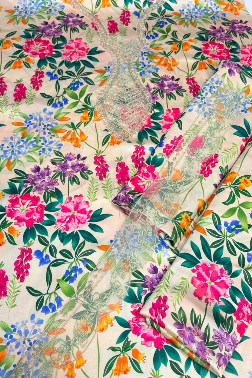 Printed silk suit with embroidery patch